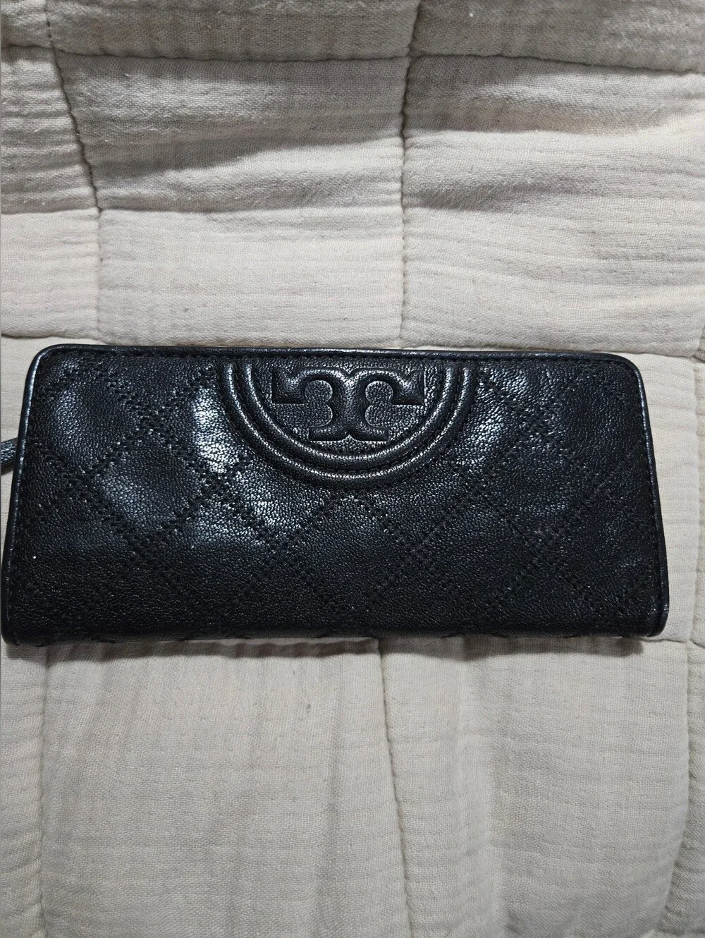 Tory Burch Black Quilted Logo Zip Wallet